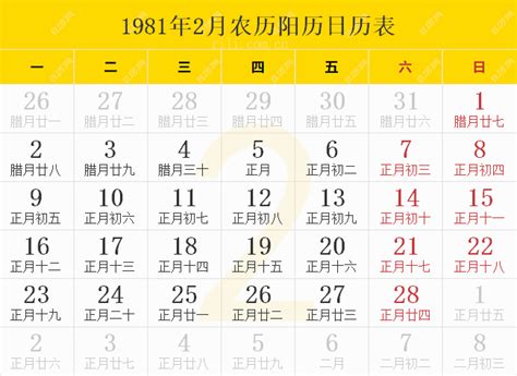 1981年2月1日|1981年日历表,1981年农历表（阴历阳历节日对照表）